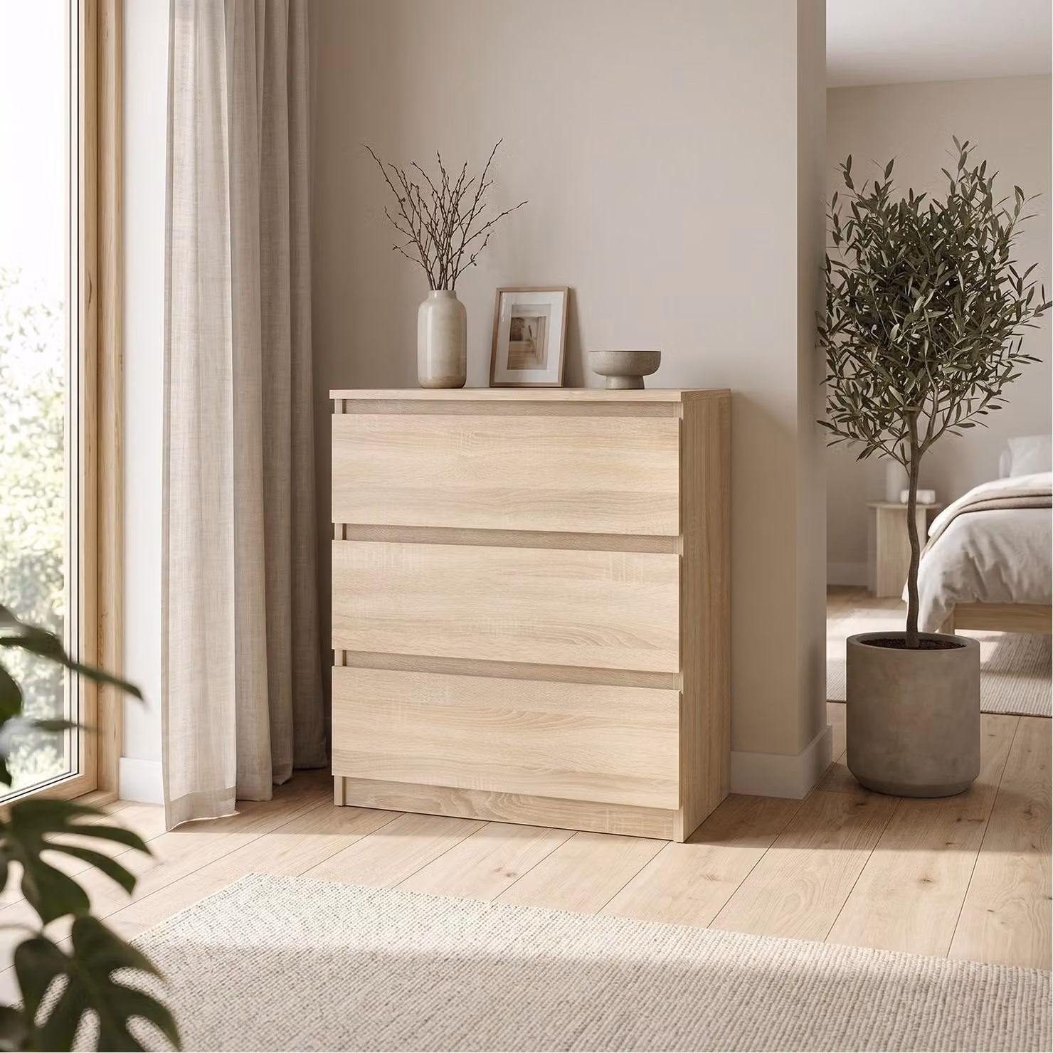 Comodà Masseno NUDO da 70 cm con 3 cassetti e ante, per soggiorno e camera da letto, stile moderno, 70x39x78,5 cm, rovere Sonoma / rovere Sonoma