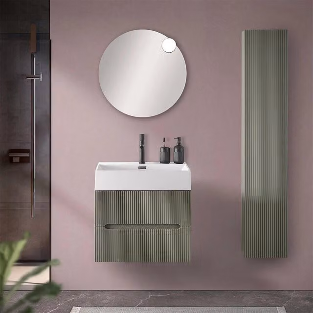 Mobiletto bagno sospeso Bali verde e bianco con lavabo e design cannettato L: 60 cm