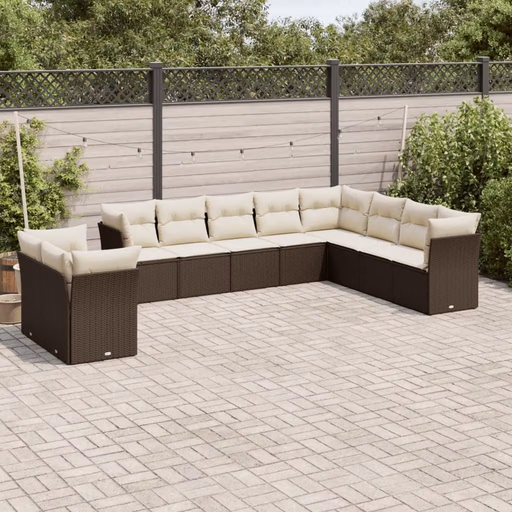 Set di Divani da Giardino vidaXL a Forma di L in Polyrattan Marrone con Cuscini Bianchi – 1