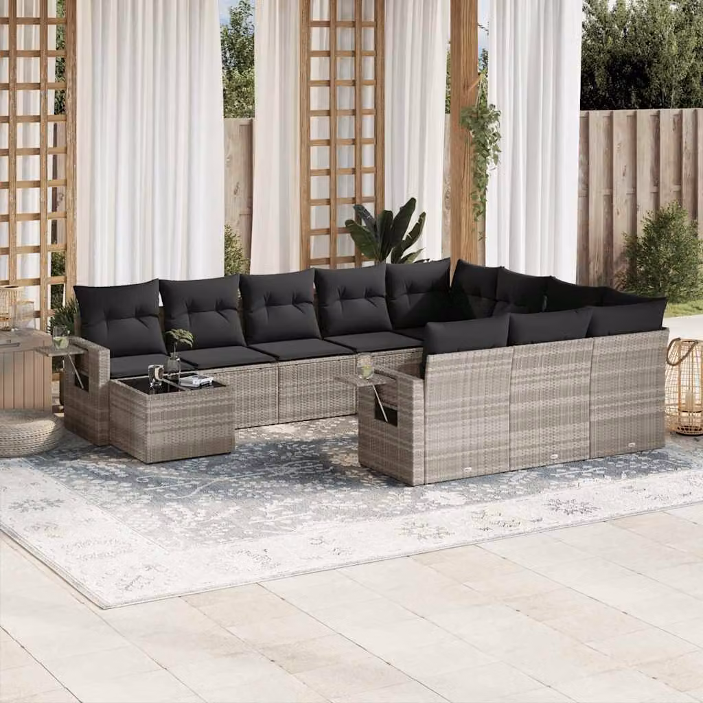 vidaXL Set Divani da Giardino 11 pz in Polyrattan Grigio con Cuscini e Tavolino – 1