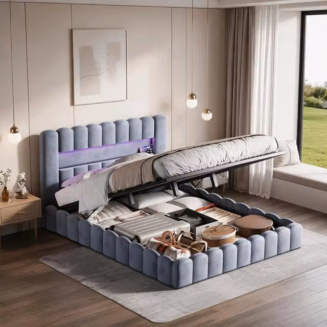 Letto matrimoniale 180x200 cm con contenitore LED USB rete a doghe struttura letto in legno di pino imbottito - grigio