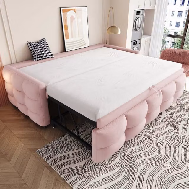 Letto estraibile 90x190 cm trasformabile in matrimoniale 180x190 cm; imbottito in velluto teddy rosa
