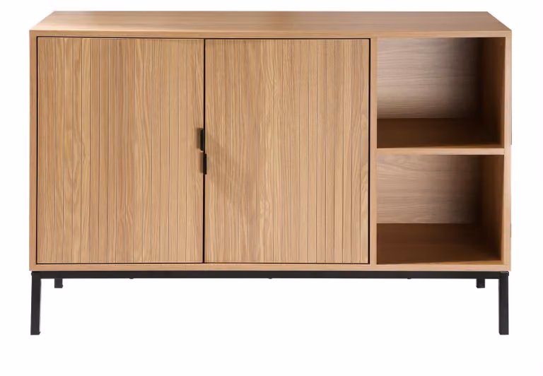 Calicosy - Credenza 2 ante, 2 nicchie aperte effetto legno scanalato L110 cm - TARA