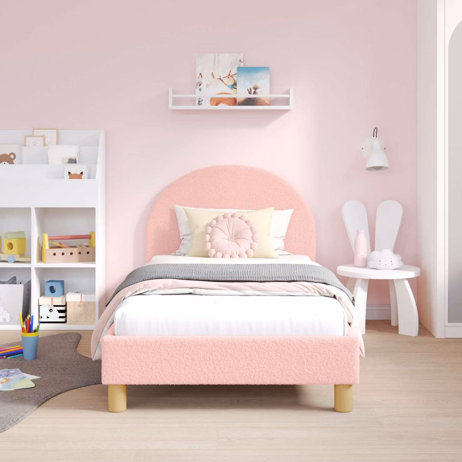 vidaXL Struttura letto per bambini con testata in tessuto bouclé, colore rosa, L 160 x P 80 cm