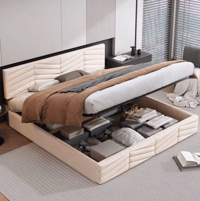Letto matrimoniale imbottito con contenitore idraulico 160x200 cm in velluto beige