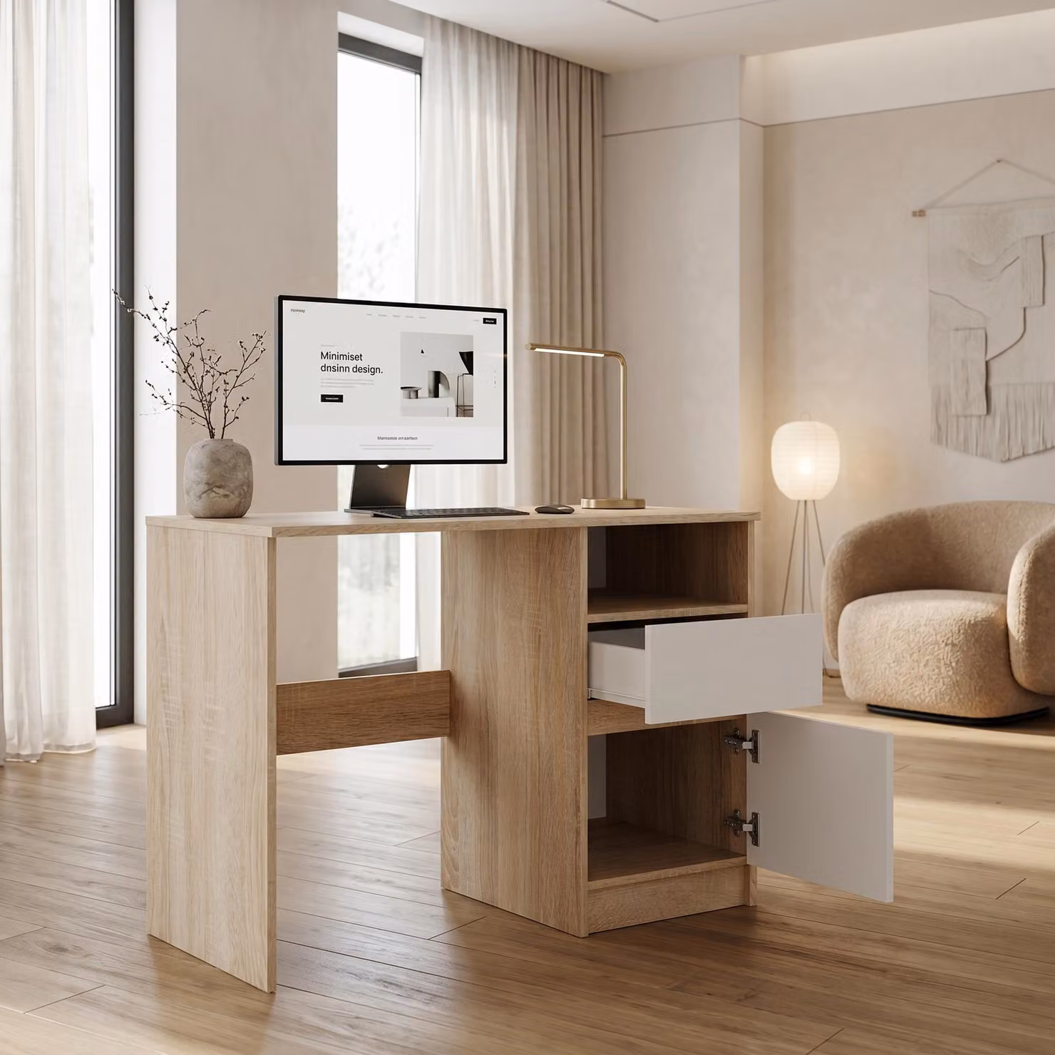 Scrivania compatta 100x50 cm | Scrivania moderna per computer e ufficio | Scrivania per PC per l'home office e la camera dei ragazzi | Bianco / Rovere Sonoma