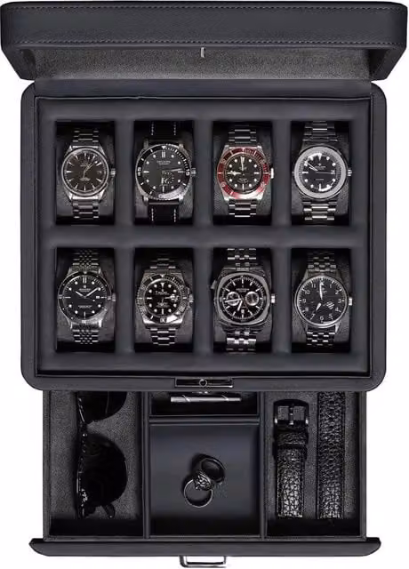 Cassa orologio in carbonio per 8 orologi - Cassa orologio in pelle con coperchio in vetro reale - Scatola accessori con più compartimenti