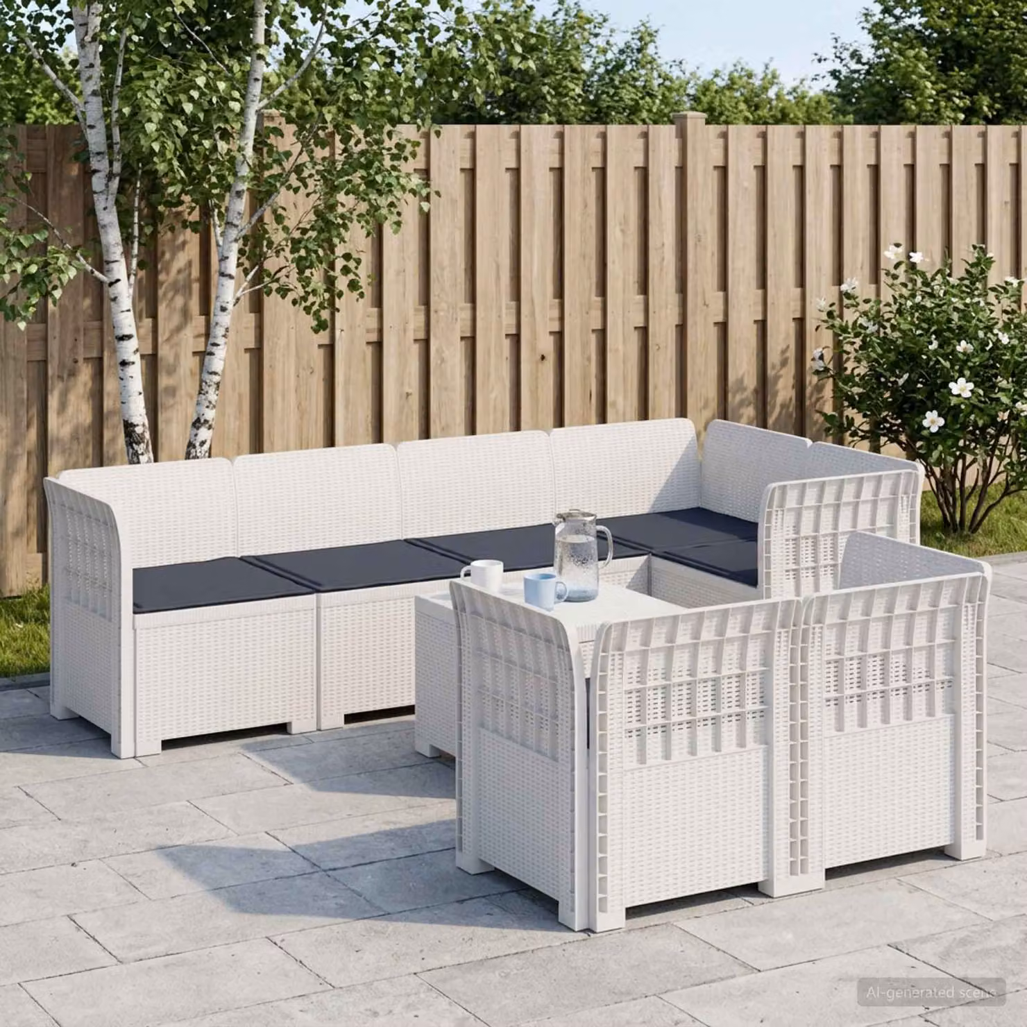 Set da giardino vidaXL a forma di U con 7 posti, in polyrattan bianco e grigio con cuscini rimovibili e tessuto resistente ai raggi UV