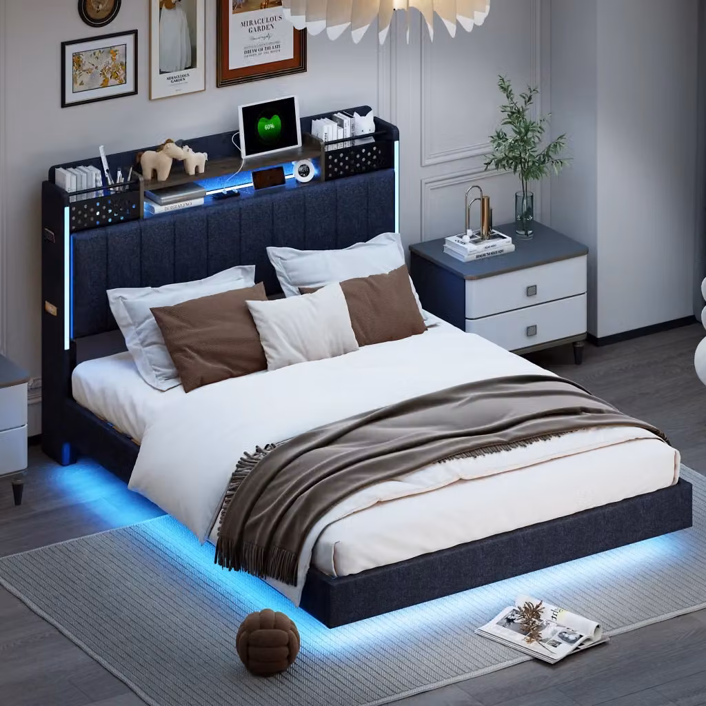 Letto matrimoniale OKWISH imbottito in lino grigio con contenitore, illuminazione LED, porte USB e ripiani laterali, L/P/H: 140 x 200 x 145,5 cm – 2