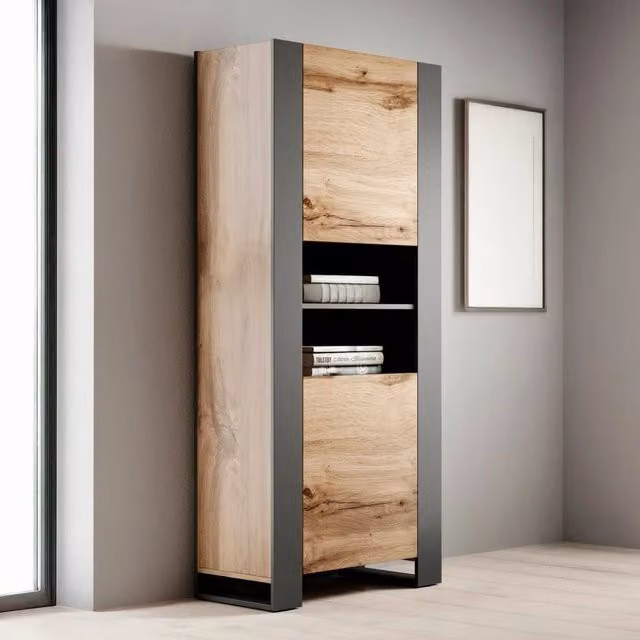 Vetrina Manerbio DMORA per soggiorno con ante in vetro e vani aperti, Rovere Nodi e Antracite, L: 65 cm, P: 40 cm, H: 171 cm – 1