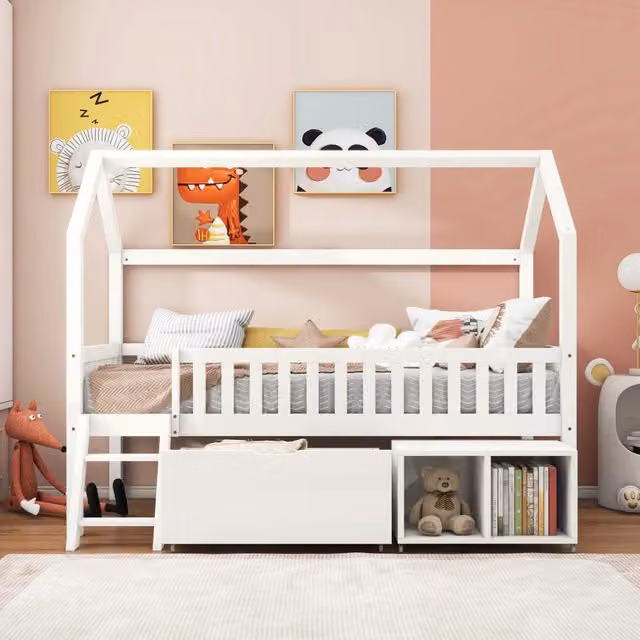 Letto a casetta WISHDOR per bambini in legno di pino laccato bianco con cassetti, L/P/H: 200 x 90 x 150 cm