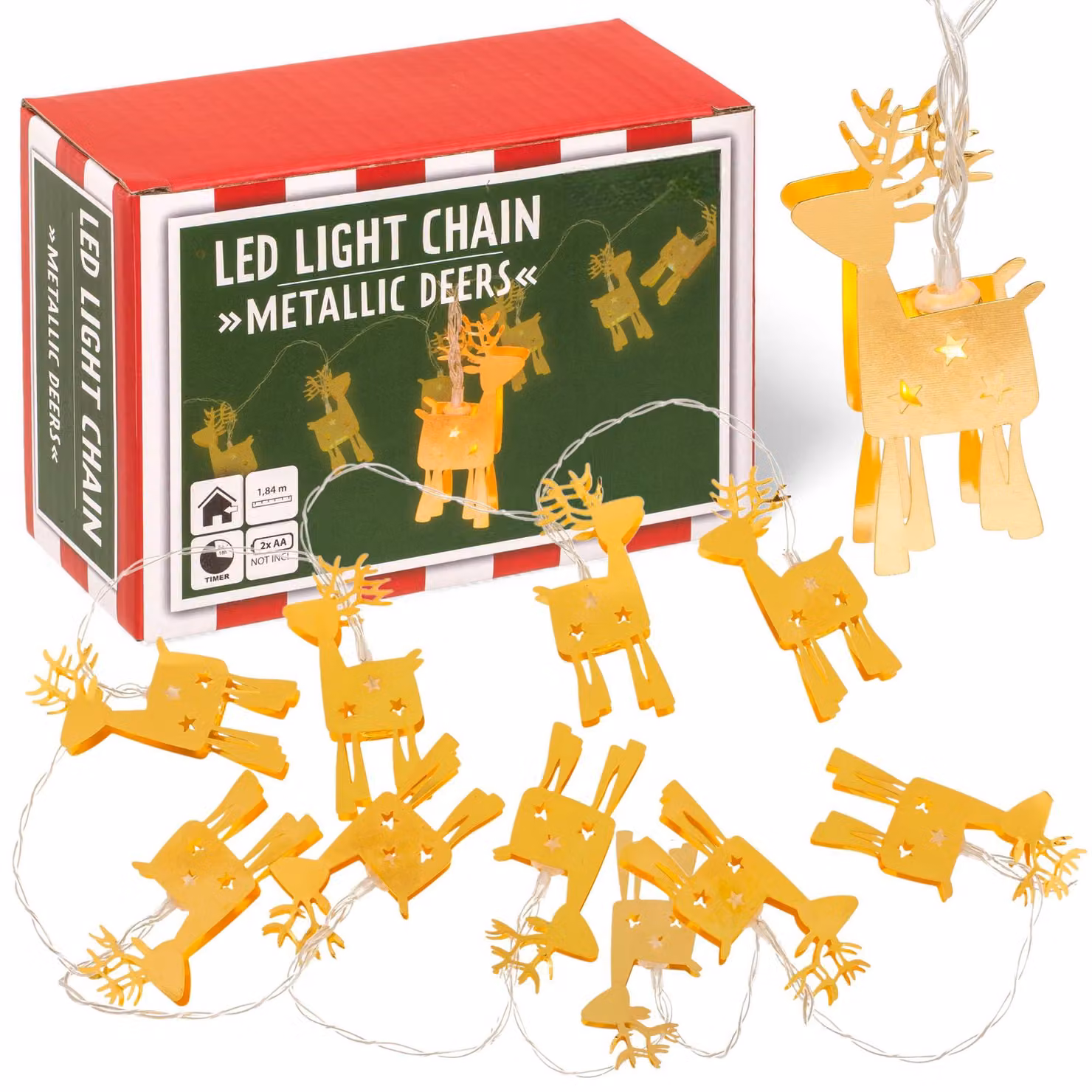 Catena luminosa a LED con 10 decorazioni a forma di renna, lunghezza 1,84 metri, luce bianco caldo, con timer, realizzata in metallo