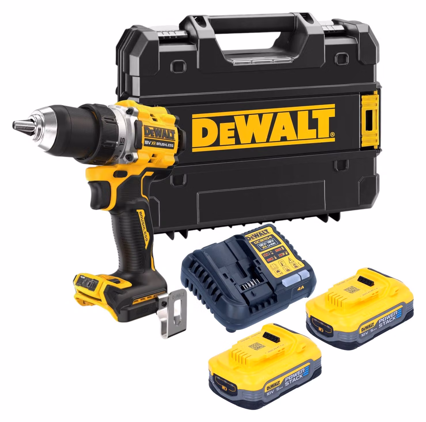 Trapano avvitatore a batteria DeWalt DCD 800 H2T 18 V 90 Nm senza spazzole + 2x batteria Powerstack 5,0 Ah + caricabatterie + TSTAK