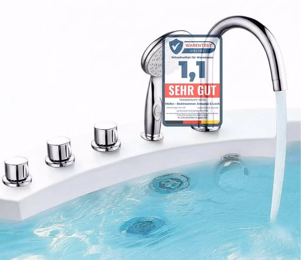 Rubinetto per vasca da bagno a 5 fori, con doccetta manuale e getto a cascata