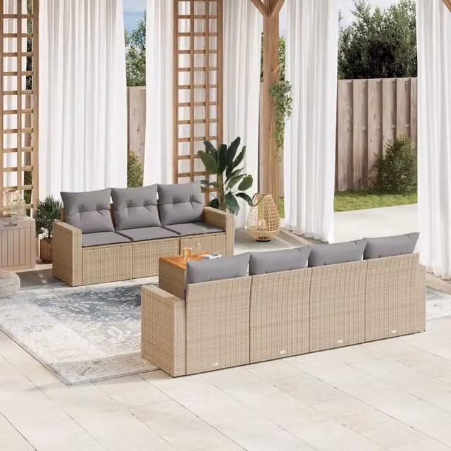 vidaXL Set Divano da Giardino a L in Polyrattan con Cuscini Beige e Grigio, 8 Pezzi – 1