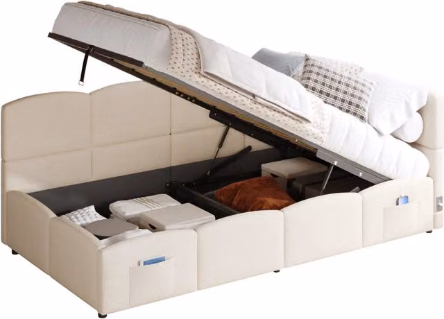 Divano letto contenitore 90x200 cm in bouclé beige con USB， senza materasso