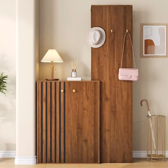Mobile da ingresso con scarpiera appendiabiti ganci asta e ripiani regolabili in MDF noce 115 × 38,5 × 191,5 cm