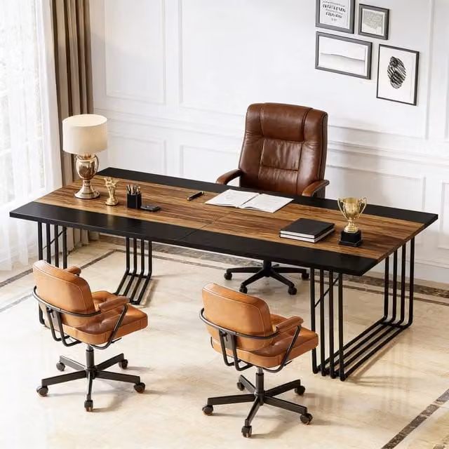 Scrivania lineare tavolo riunioni in MDF e metallo con piano rettangolare nero e marrone rustico 200 × 100 × 75 cm