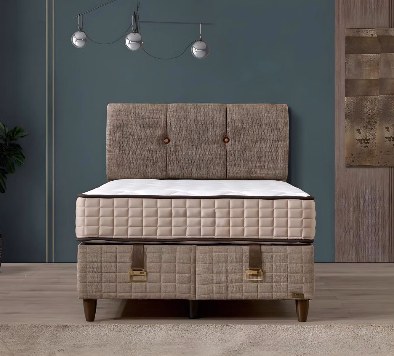 Elegantes braunes Bett mit Matratze aus Holz und Textil