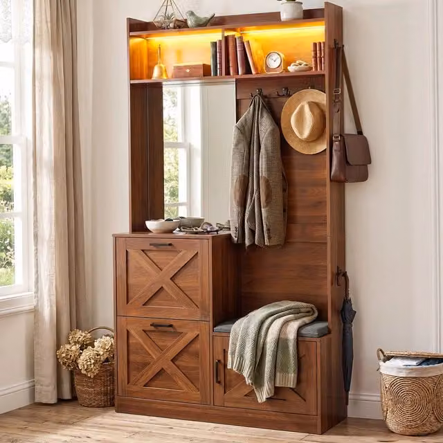 Consolle ingresso Minimal con specchio, appendiabiti e scarpiera in MDF e metallo, colore marrone, L: 170 cm, H: 80 cm, P: 25 cm