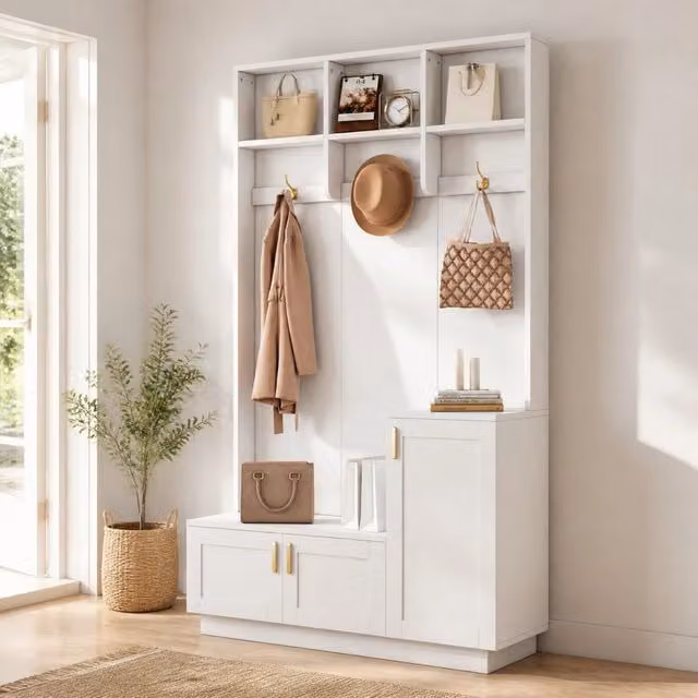 Mobile da ingresso 120.0x40.0x200.0 cm con 3 ganci; panca portascarpe in pannello truciolare e metallo bianco