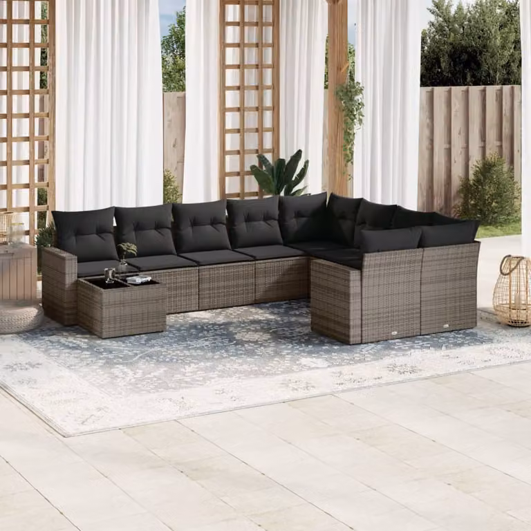 Set Divano da Giardino vidaXL 10 pz in Polyrattan Grigio con Cuscini e Tavolino da Esterno a Forma di L