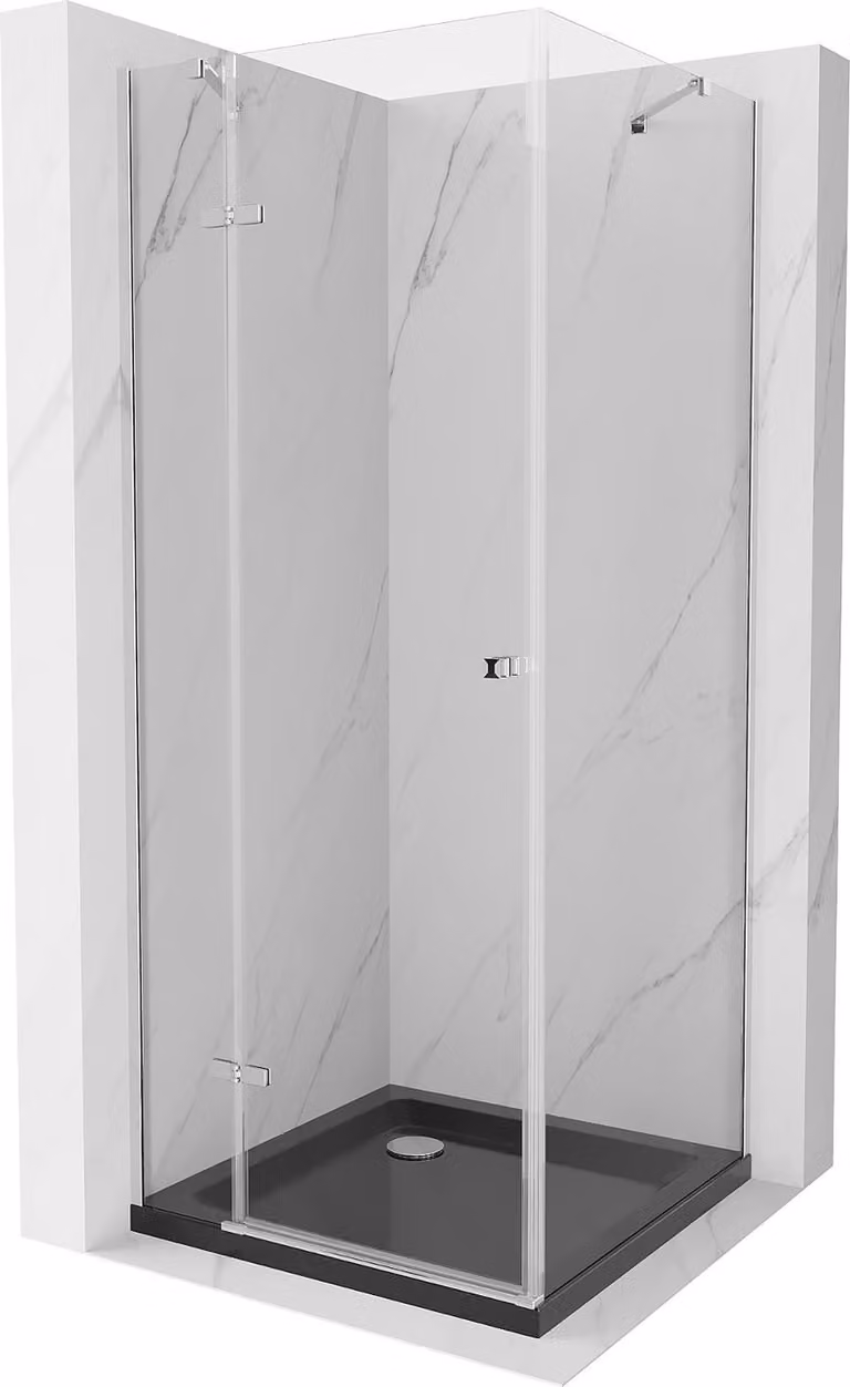 Mexen Roma cabina doccia a battente 90 x 90 cm, trasparente, cromo + piatto doccia Flat, nero - 854-090-090-01-00-4070