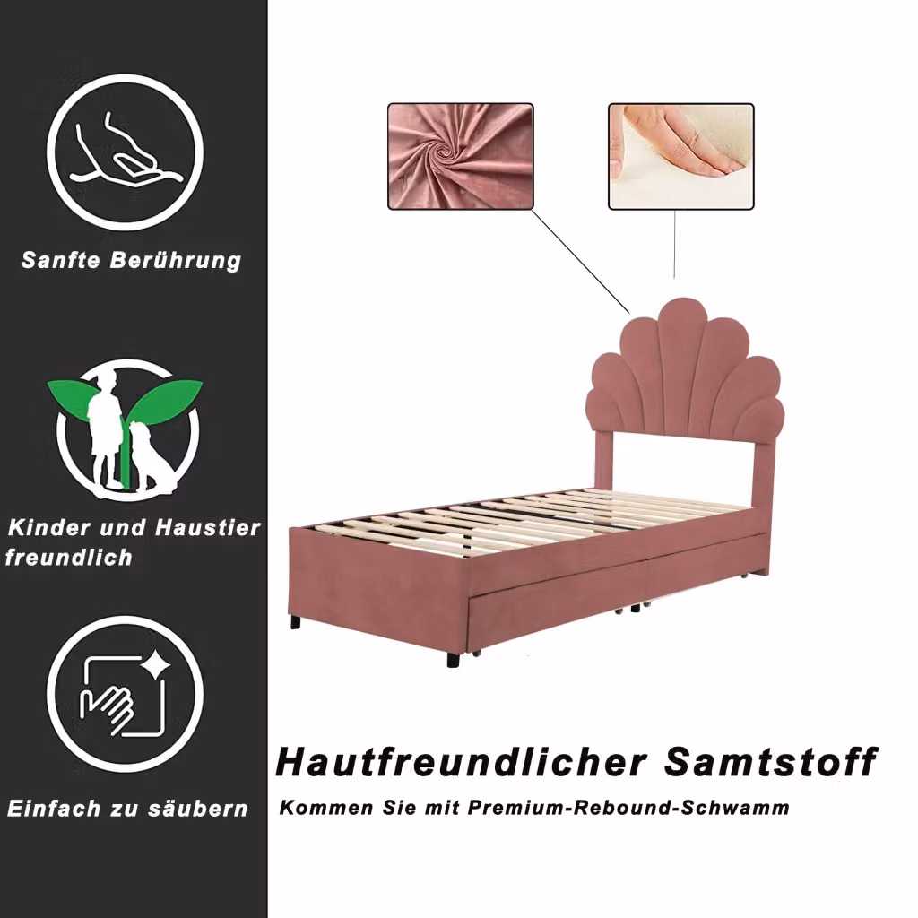 Letto Singolo Chicfurn con 2 Cassetti e Testiera Floreale in Velluto Rosa L: 90 cm, P: 200 cm, H: 116 cm – 2