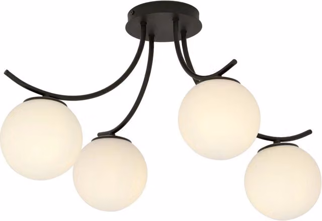 Plafoniera Emibig Boston con 4 luci E14 in metallo e vetro nero e opale, Diametro: 70 cm