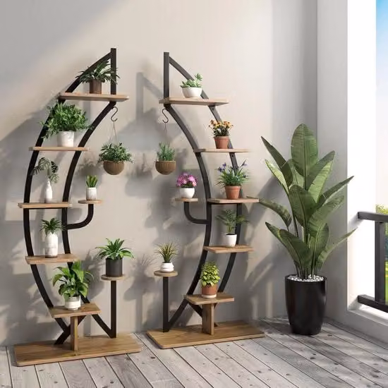 Supporto per piante in metallo con 5 gradini, blocco inclinazione, 7 livelli e 1 gancio - Set da 2, ideale per terrazza, giardino e balcone in nero