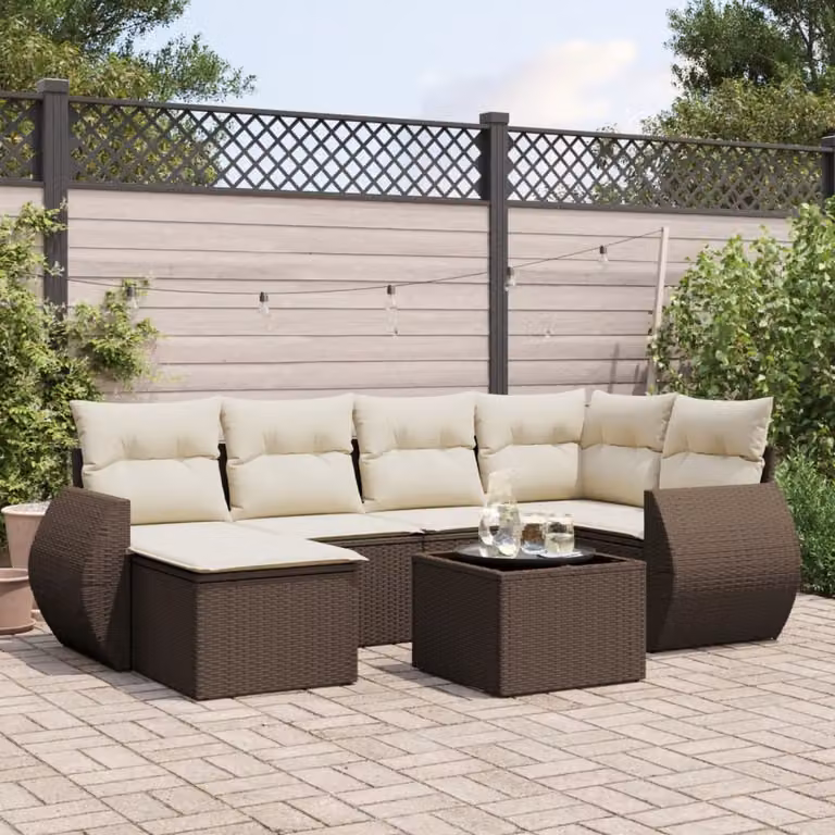 Set Divani da Giardino vidaXL 7 Pezzi con Cuscini Marrone e Bianco in Polyrattan e Acciaio