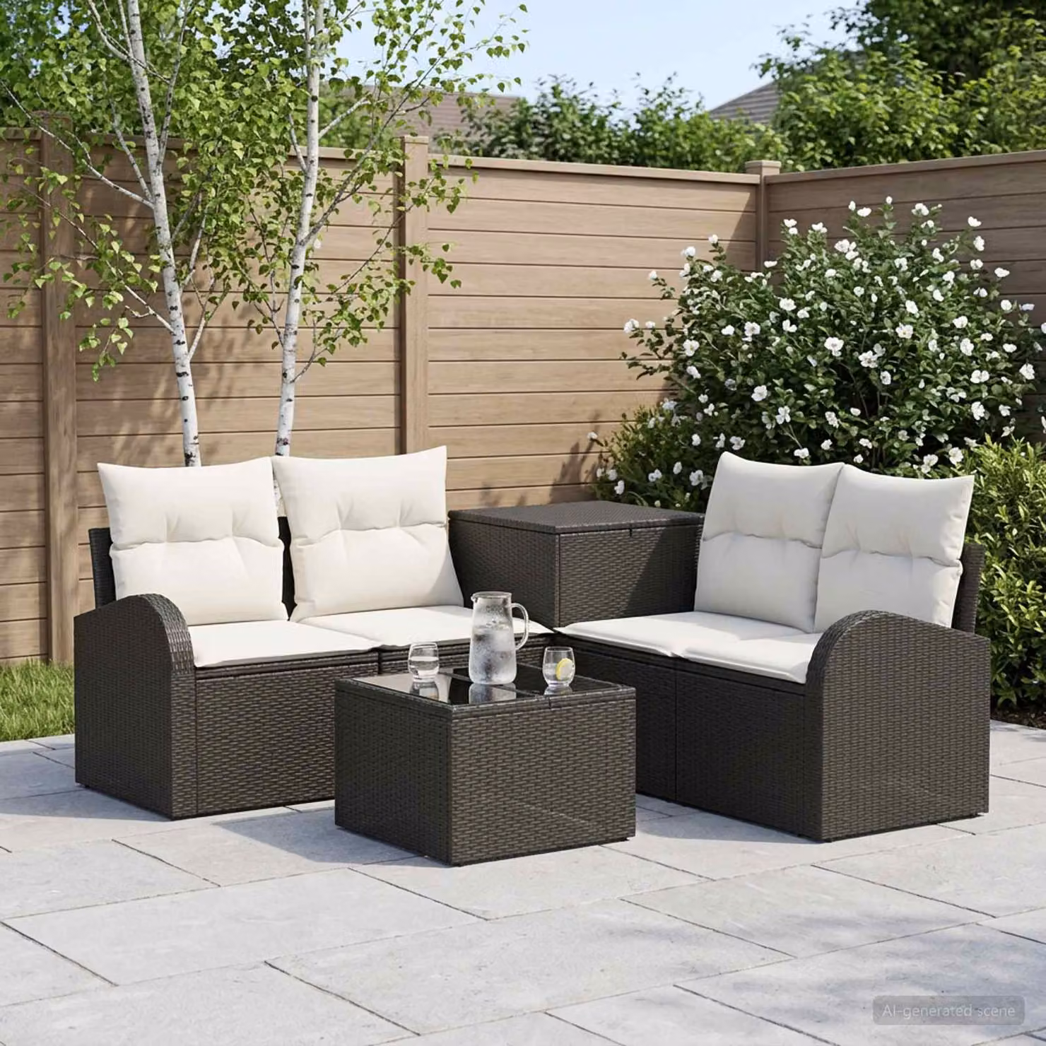 Set di divani da giardino vidaXL a forma di L composto da 6 pezzi con tavolino da caffè, in stile moderno con struttura in acciaio verniciato a polvere e tessuto resistente alle intemperie, colore nero e bianco
