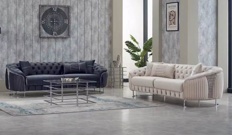Komplette Couchgarnitur Polstersofa Dreisitzer Sessel Beige Grau Stoff