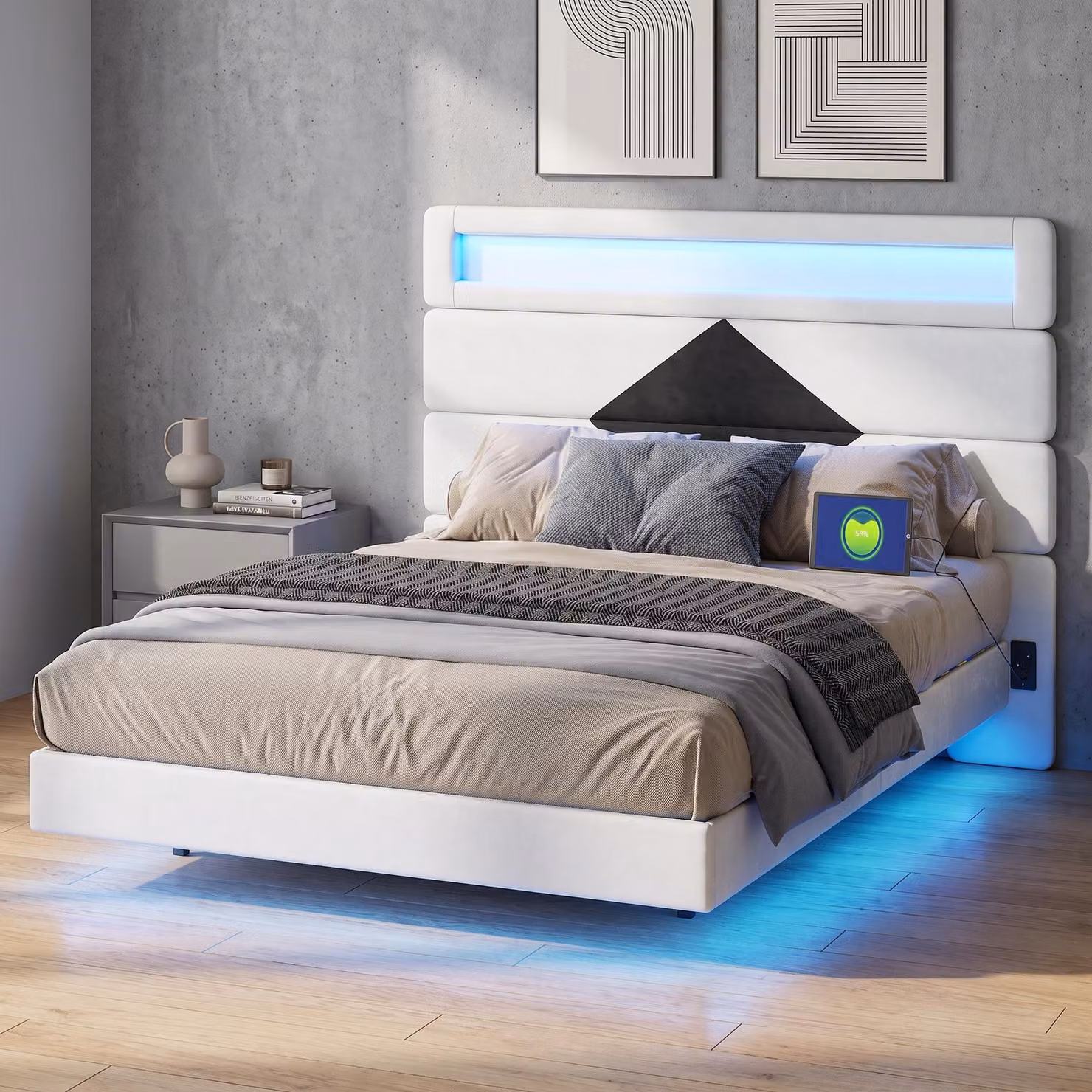 Letto imbottito INONEFT 140x190 cm con USB e LED, letto multifunzionale con testiera a rombo regolabile, design sospeso, letto a castello per adolescenti, rivestito in velluto