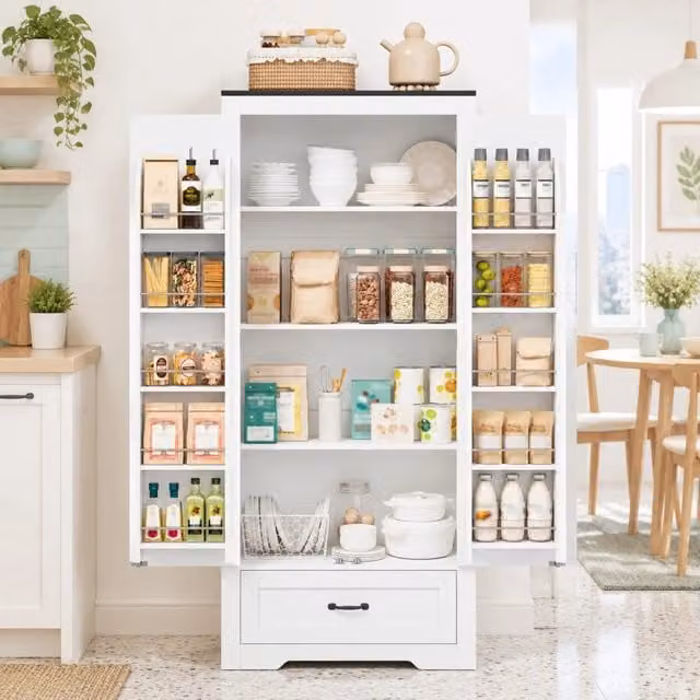 Mobile cucina alto con 2 ante, 1 cassetto e ripiani regolabili, stile rustico per cucina, in MDF, bianco, 80×35×183 cm