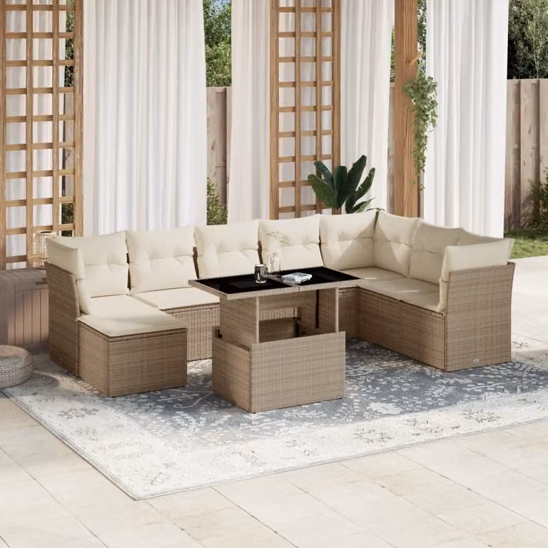 Set Divano da Giardino vidaXL 9 pz in Polyrattan Beige con Cuscini e Tavolino
