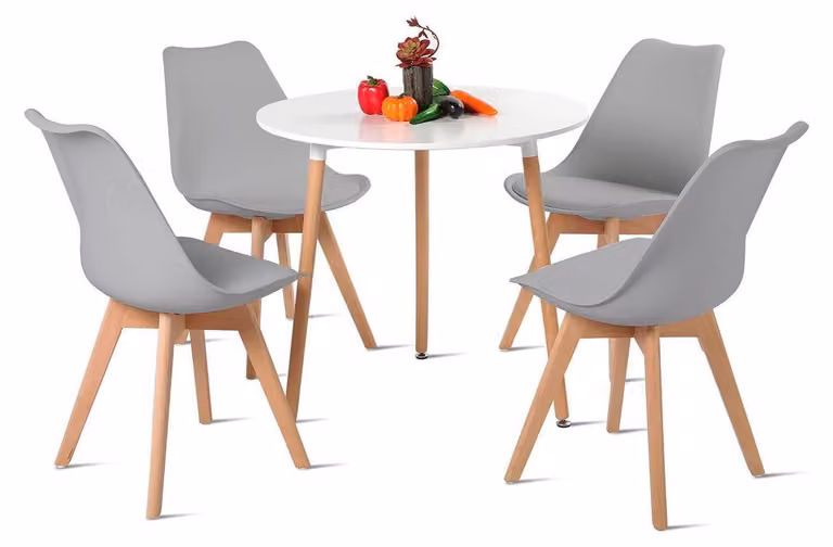 Tavolo da pranzo con 4 sedie, design retrò, forma rotonda, colore grigio/bianco