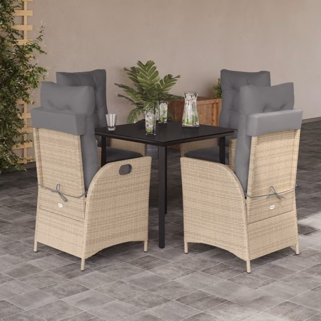 Set da Pranzo da Giardino vidaXL in Polyrattan con Cuscini Beige e Tavolo in Vetro 5 pz – 1