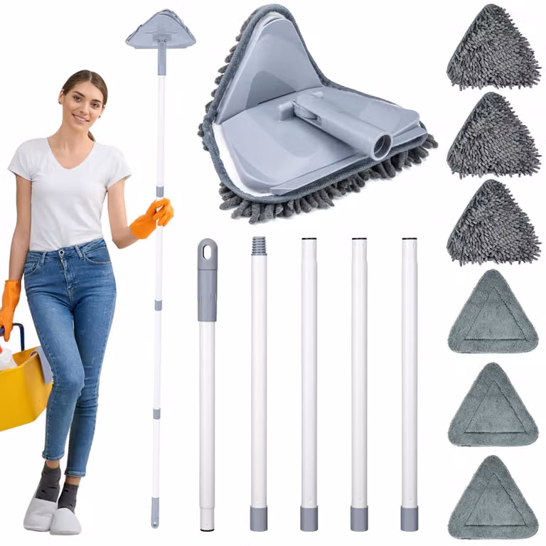 Mocio con manico telescopico da 200 cm, 6 tamponi, colore grigio