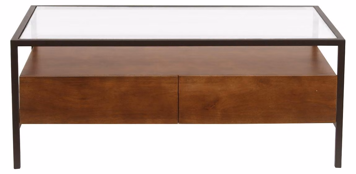 Miliboo - Tavolino rettangolare con ripiani in legno massello di mango scuro, vetro e metallo nero L100 cm SITA