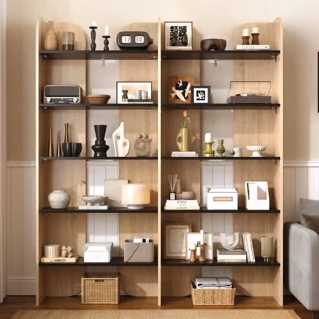 Libreria a giorno con 5 ripiani e divisori centrali, per studio e ufficio, truciolare naturale nero, 135 × 25 × 160 cm