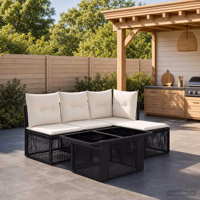 Set Divano da Giardino Moderno vidaXL in Polyrattan Nero con 5 Pezzi e Cuscini Inclusi
