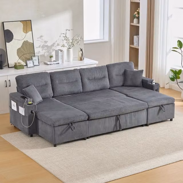 Divano panoramico a 4 posti MIVRAY in velluto a coste grigio con doppia chaise longue, vani portaoggetti e ricarica USB, L: 272 cm, P: 136 cm, H: 86 cm