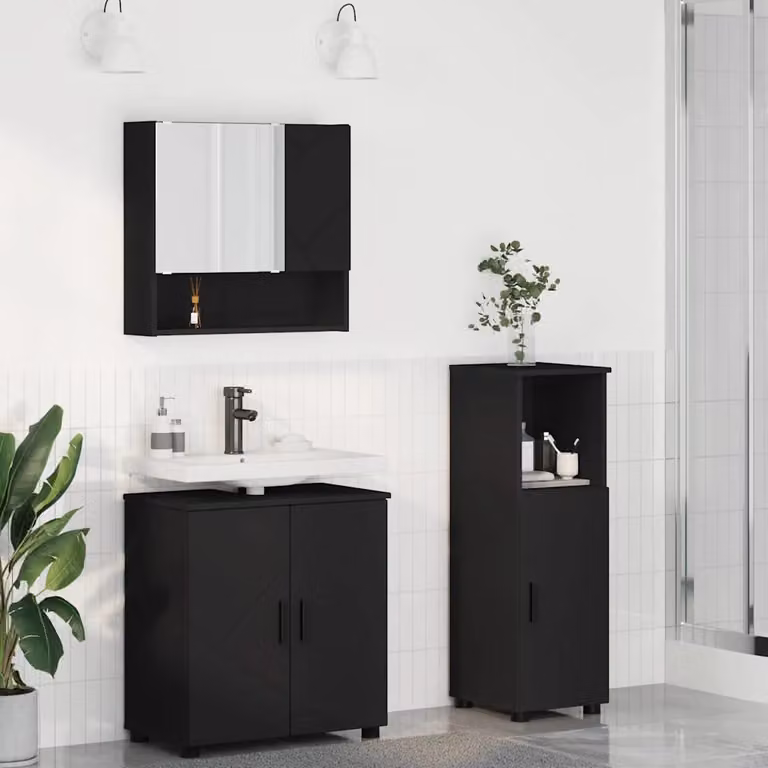 Set di mobili per il bagno moderno vidaXL in 3 pezzi nero opaco con mobile sottolavabo, armadietto con specchio e colonna, L/P/H: 61 x 35 x 64 cm