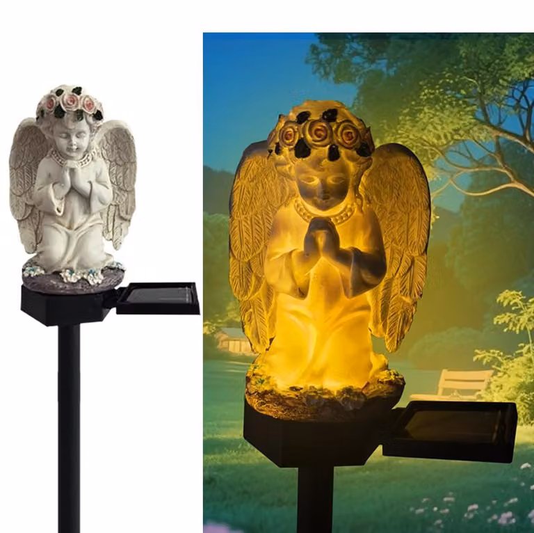 Angelo solare decorativo con picchetto per il terreno, realizzato in resina, dotato di luci LED bianco caldo, dimensioni 43x10x11 cm