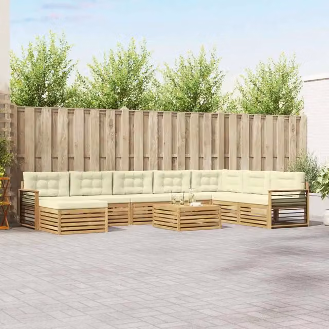 Set di divani da esterno a L vidaXL in legno di acacia con cuscini Bianco e Beige