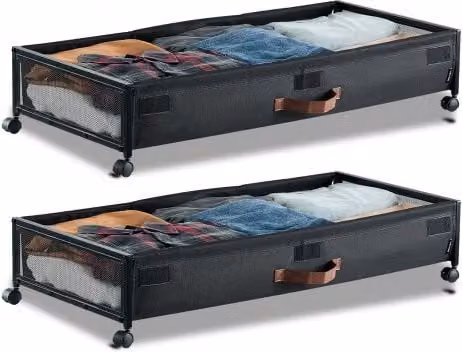 Set di 2 contenitori sottoletto VEVOR con coperchio trasparente e rotelle girevoli a 360°, colore nero, L: 91,5 cm, P: 46 cm, H: 18,5 cm