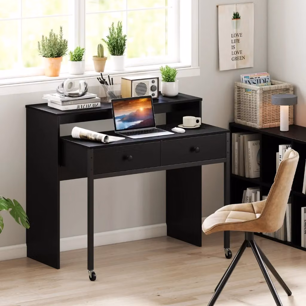 Scrivania per computer estensibile con cassetti e ruote in finitura nera opaca per ufficio o camera da letto L: 100 cm, P: 88 cm, H: 36 cm – 2