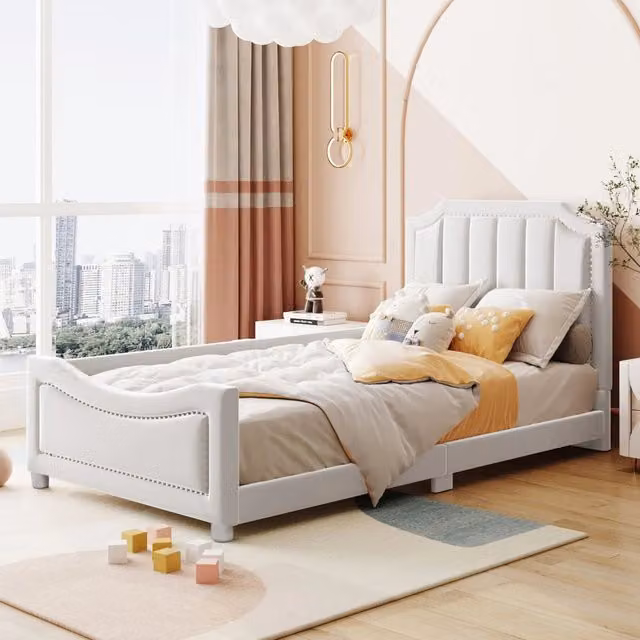 Letto imbottito per bambini beige in flanella con schienale e rete a doghe
