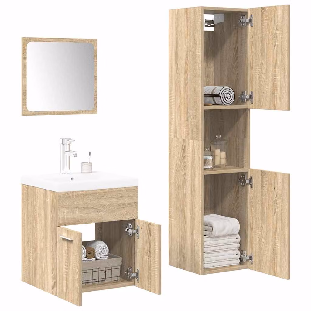 Set di mobili da bagno moderno vidaXL in legno multistrato e vetro, colore bianco e marrone, composto da mobile lavabo e pensile a muro